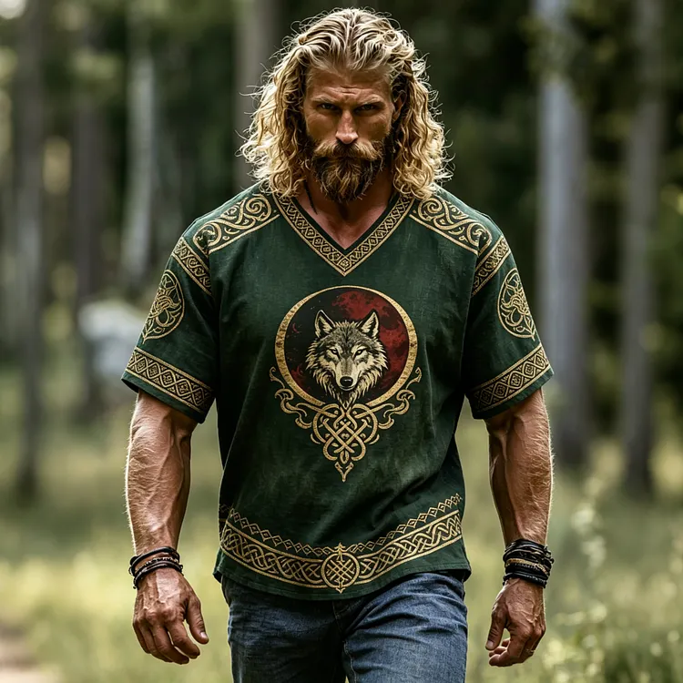 Men's Viking Wolf Totem Short-sleeve V-neck Cotton Linen T-shirt