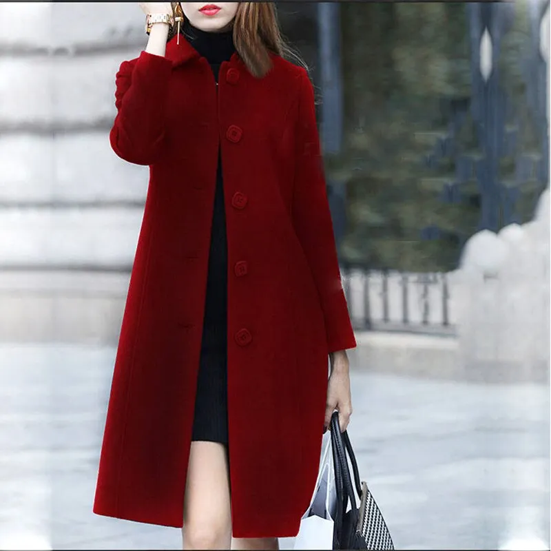 2020 New Fashion British Solid Button Woolen Coat Women Plus Size Long Sleeve Coats Woman Elegant Pocket Slim Outwear Mujer