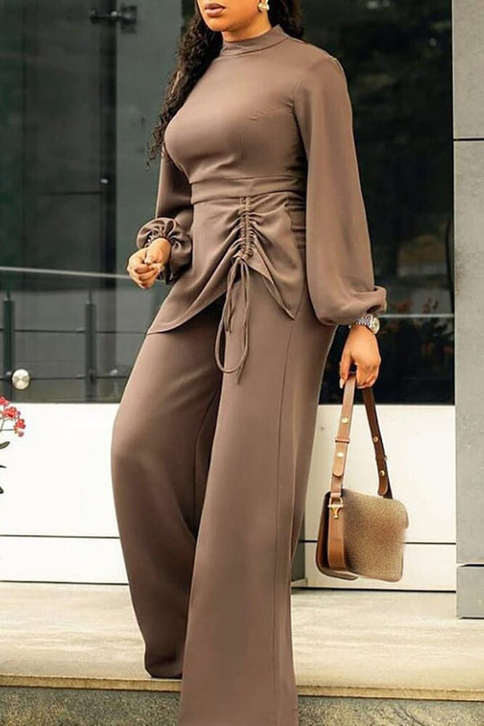 Plus Size Casual Khaki Ruched Lantern Sleeve Mock Neck Drawstring Wide Leg Jumpsuits