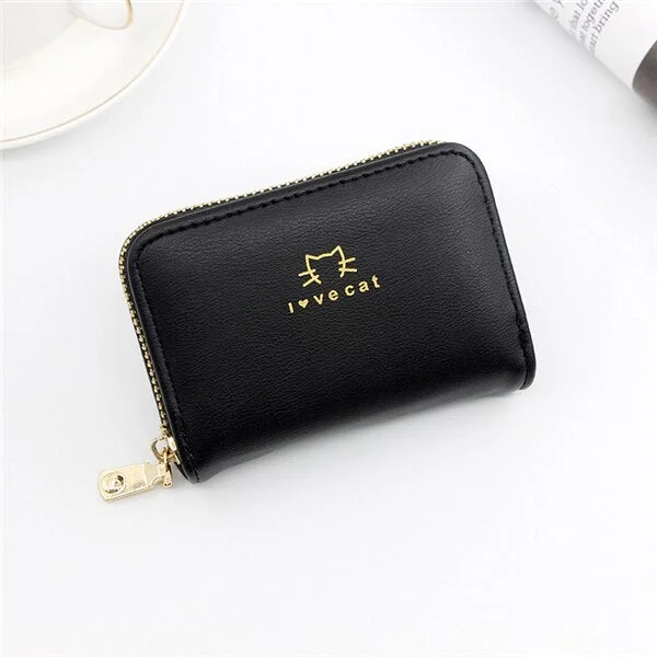 PURDORED 1 Pc Cat Card Holder PU Leather Small Zipper Mini Card Wallet  Women Coin Purse Female Business Card Holder  Billetera