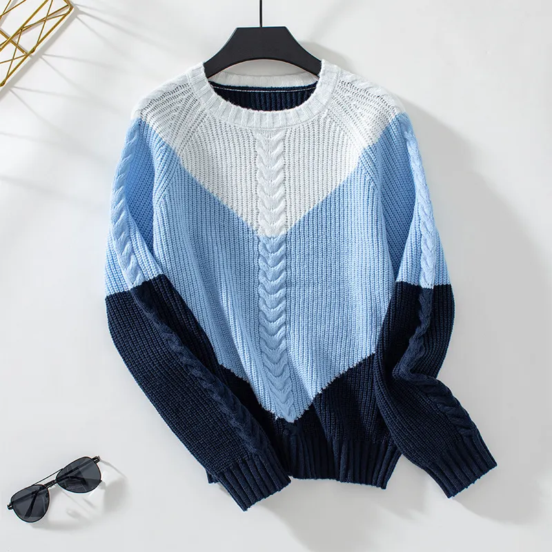 Women Color Block Cable Knit Sweater