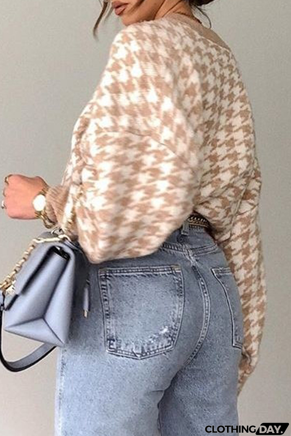 Fashion Street Geometric Patchwork Contrast O Neck Sweater(3 Colors)