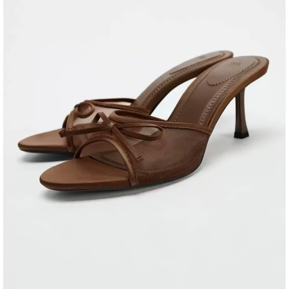 Breakj Breakj Home 2025 New Women's Shoes Fashion With Back Empty Slippers Fabric Bows Decorated With High Heel Sandals