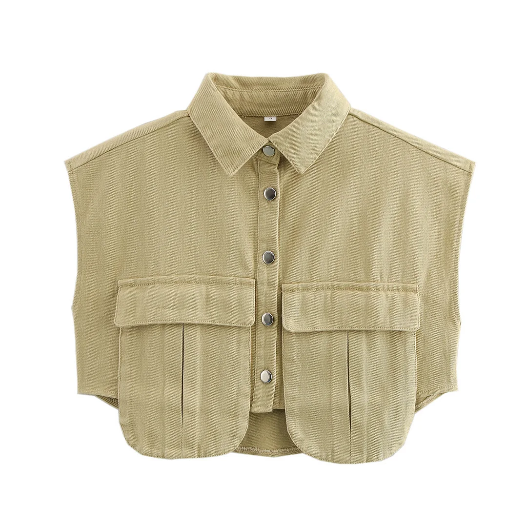 Nigikala Nigikala Women's Solid Color Big Pocket Sleeveless High Sense Cardigan Polo Collared Shirt Denim Top A19846