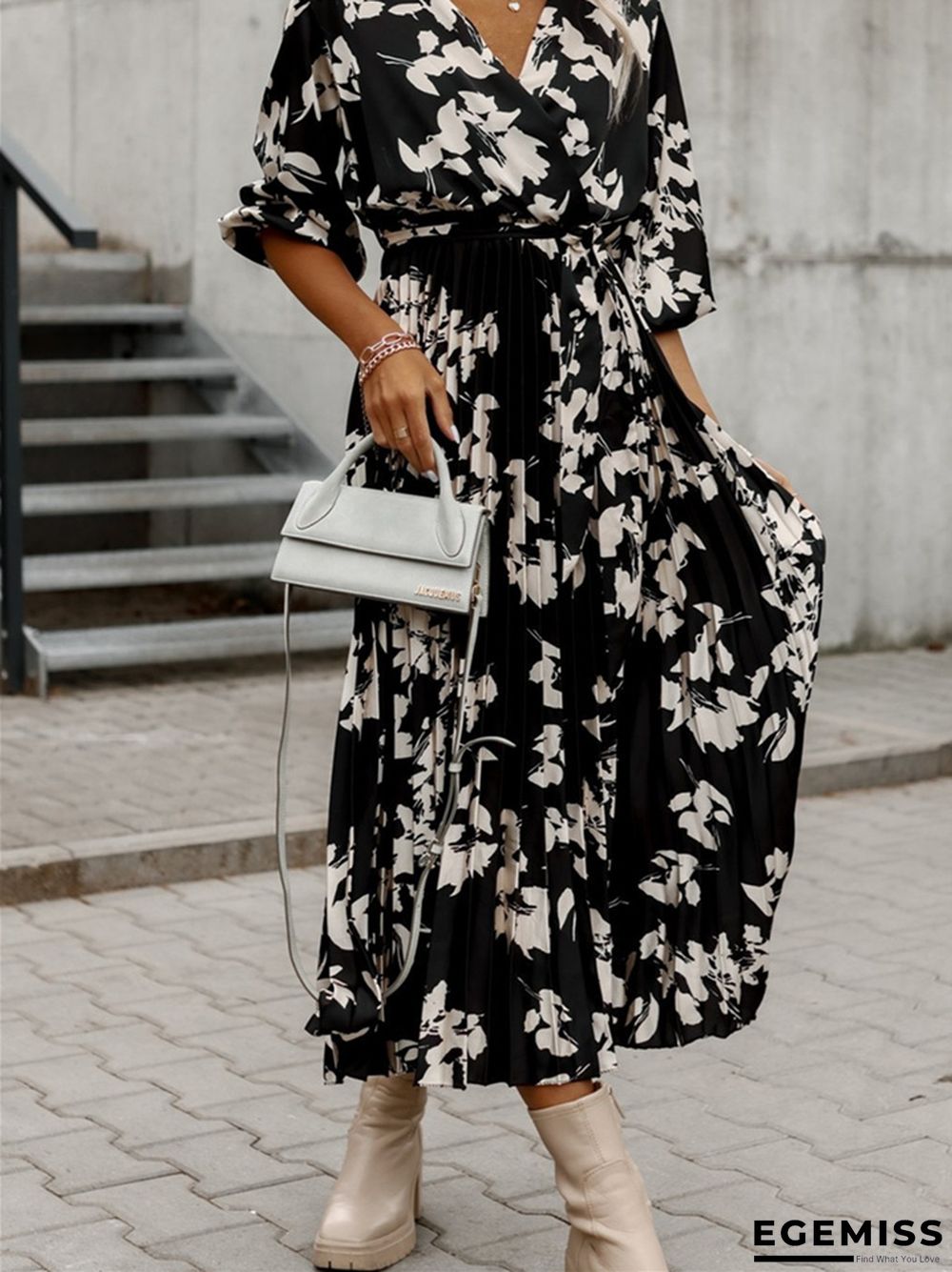 Fashion Waist Strap Pleated Print Dress | EGEMISS
