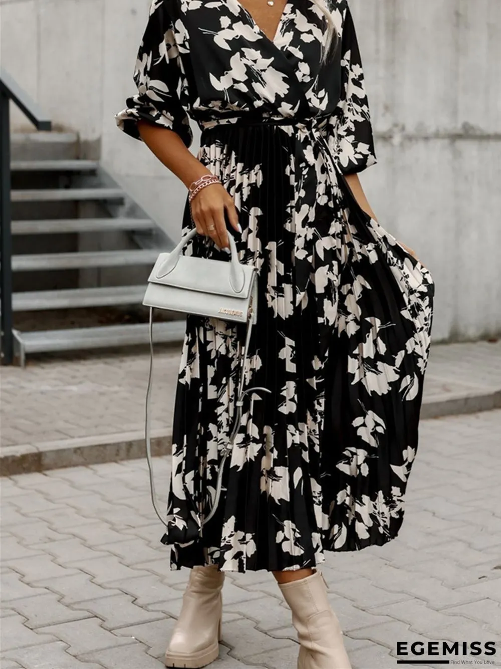 Fashion Waist Strap Pleated Print Dress | EGEMISS