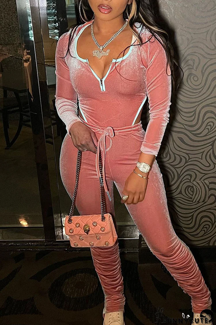 Orange Pink Sexy Solid Patchwork Asymmetrical U Neck Long Sleeve Two Pieces