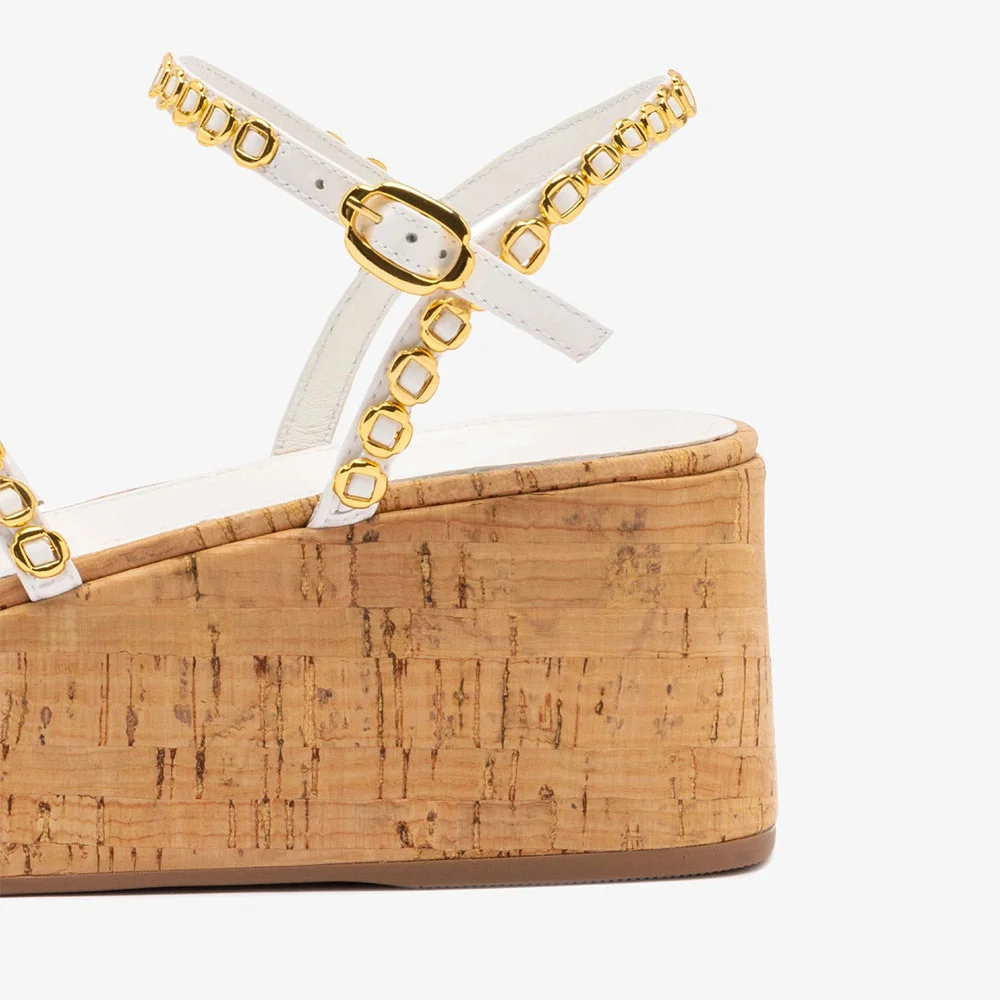 White Ankle Strap Wedge Heel Gold Hardware Platform Sandals for Women