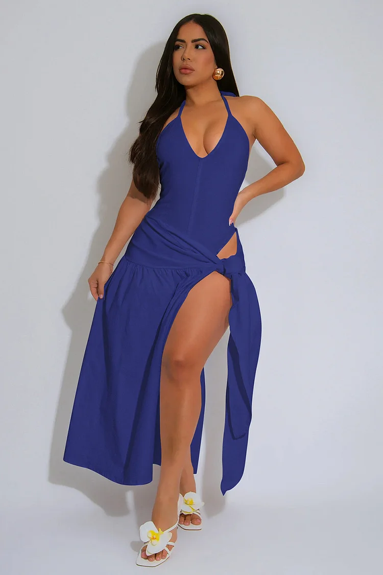 Solid Color Plunge Neck Halter Bodysuit Tie Up Slit Midi Skirt 2pcs Set-Navy