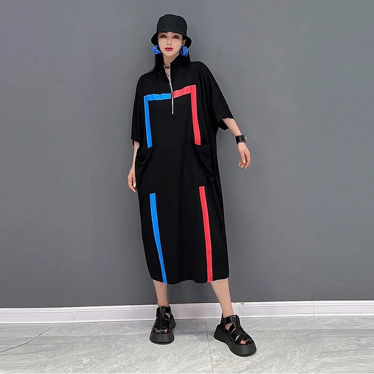 Street Stand Collar With Zipper Print Half Sleeve Dress       