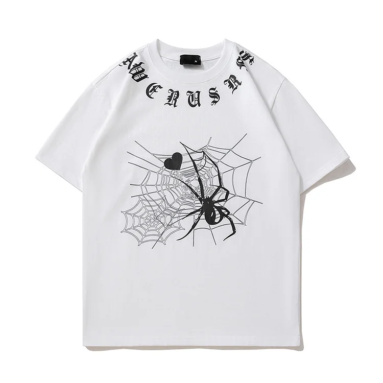 Spider Print Cotton Short-Sleeved Oversize High Street Loose Top at Hiphopee