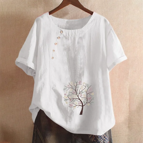 Ladies Vintage Print Loose Casual Cotton Linen Short Sleeve T-Shirt