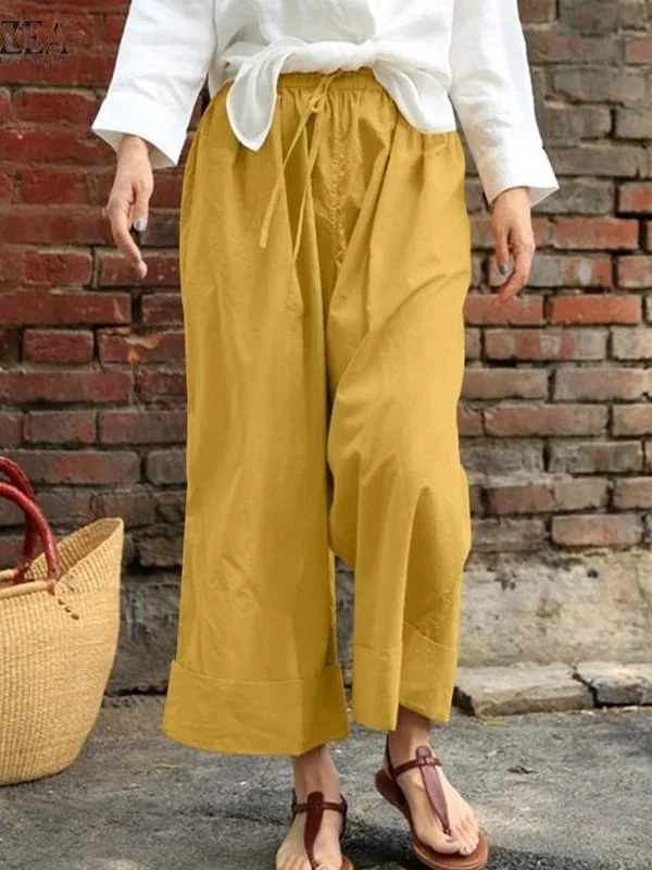 Solid Color Cropped Wide-Leg Pants