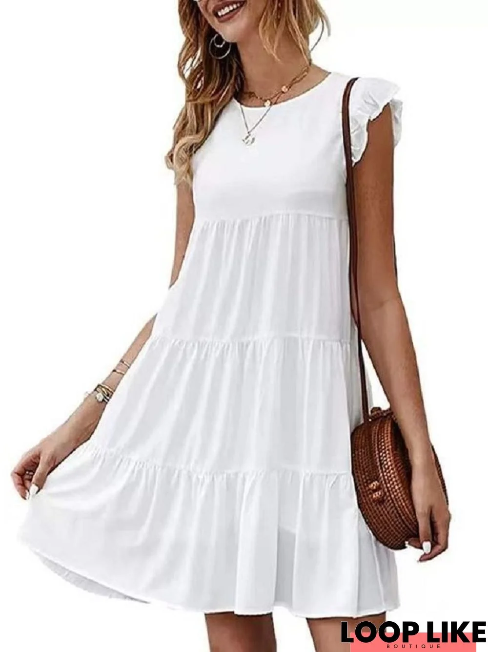 Solid Color Casual Cake Skirt Pleated Dress White Dresses