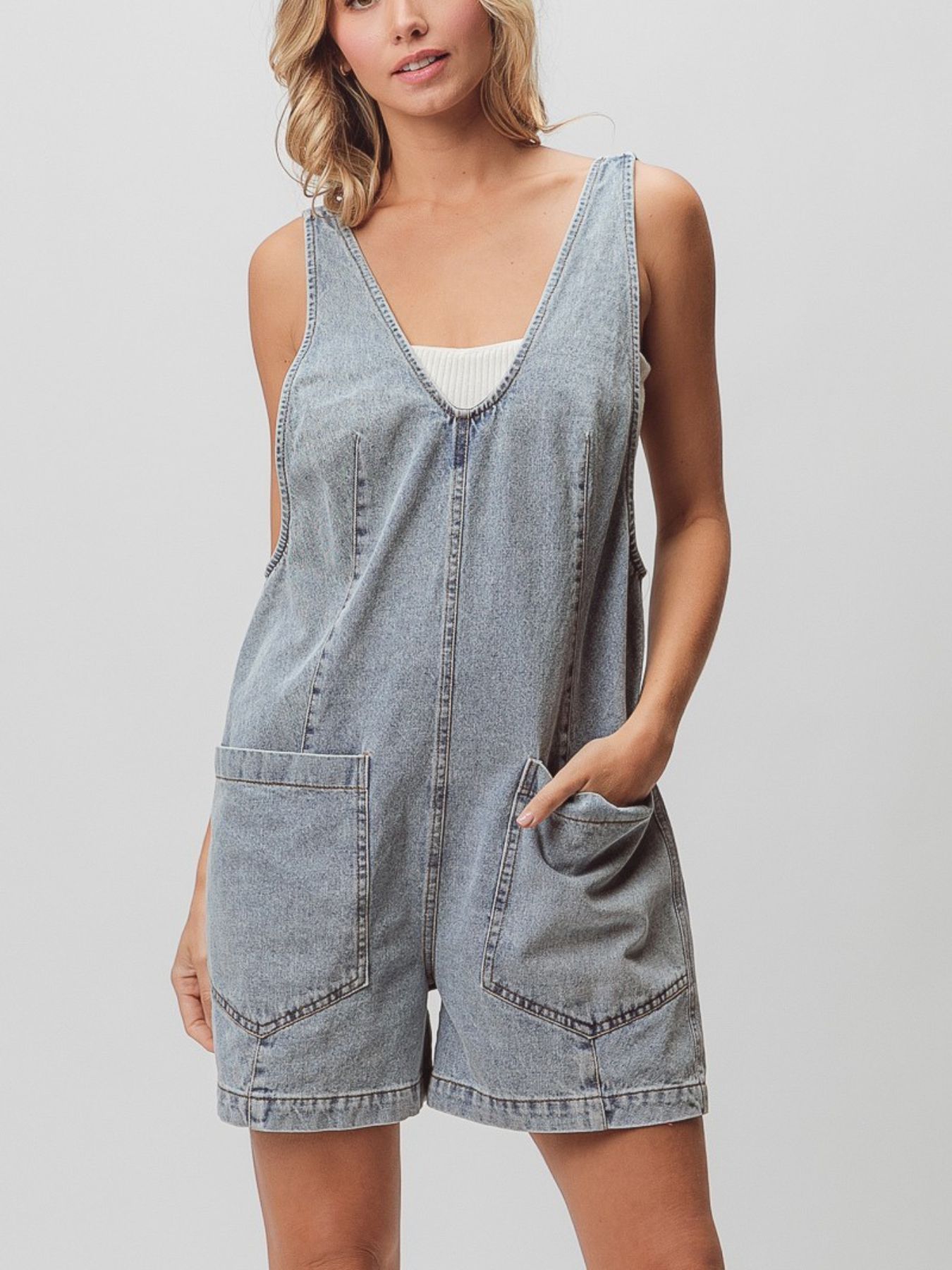 Women‘s Vintage Washed Light Blue Denim Romper - Retro Chic V-Neck Sleeveless Jumpsuit with Large Front Pocket & Relaxed Fit, All-Season Casual Beachwear, Weekend Outfit, Light Blue Playsuit for Women (No Lining, Easy-Care Denim Fabric) | IFYHOME