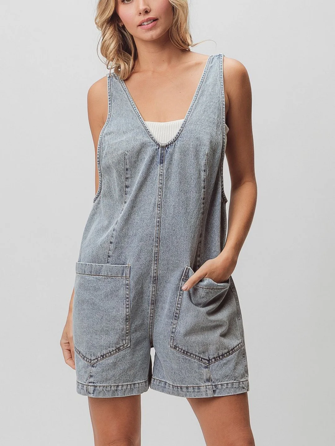 Women‘s Vintage Washed Light Blue Denim Romper - Retro Chic V-Neck Sleeveless Jumpsuit with Large Front Pocket & Relaxed Fit, All-Season Casual Beachwear, Weekend Outfit, Light Blue Playsuit for Women (No Lining, Easy-Care Denim Fabric) | IFYHOME