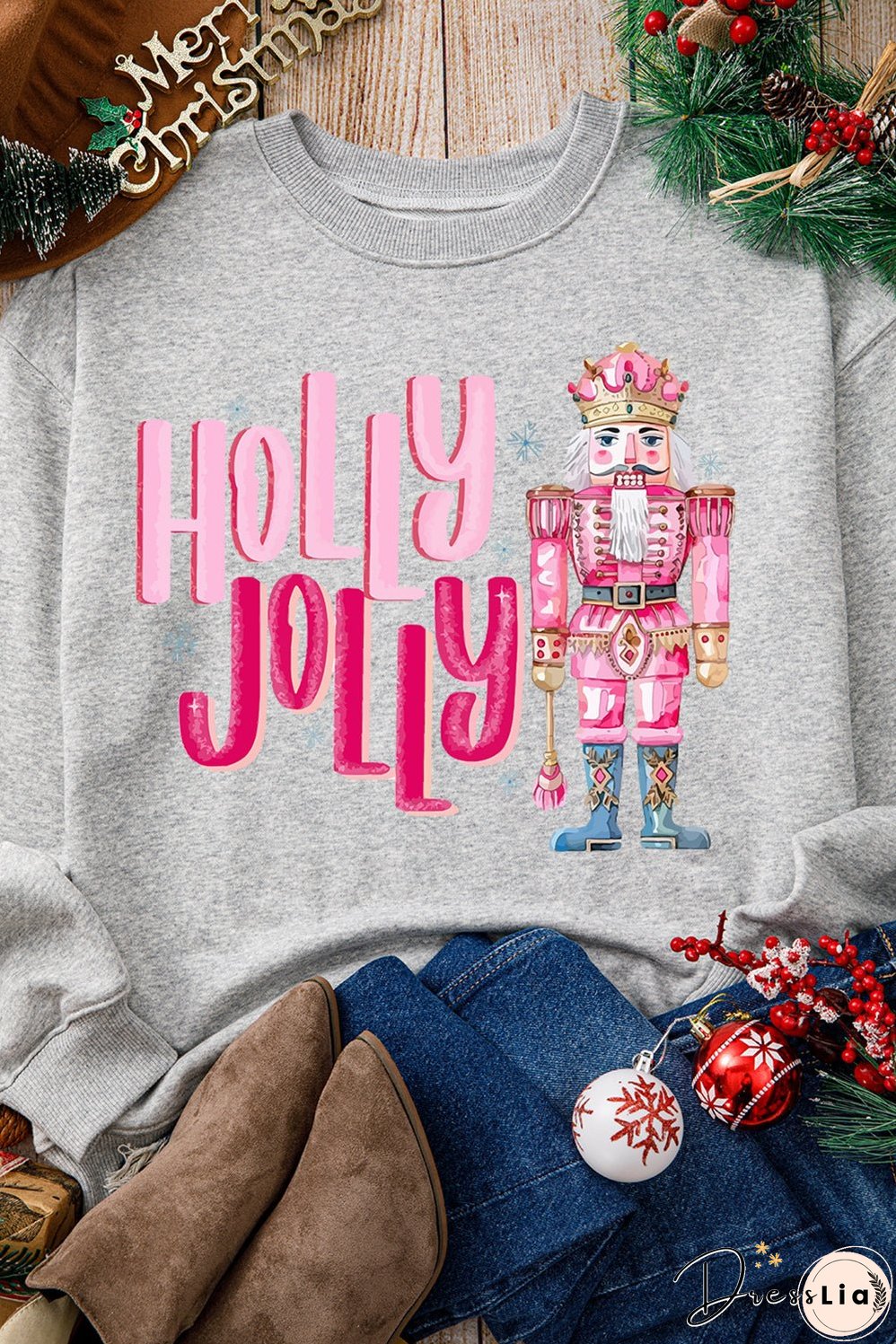Gray HOLLY JOLLY Nutcracker Print Crew Neck Christmas Sweatshirt
