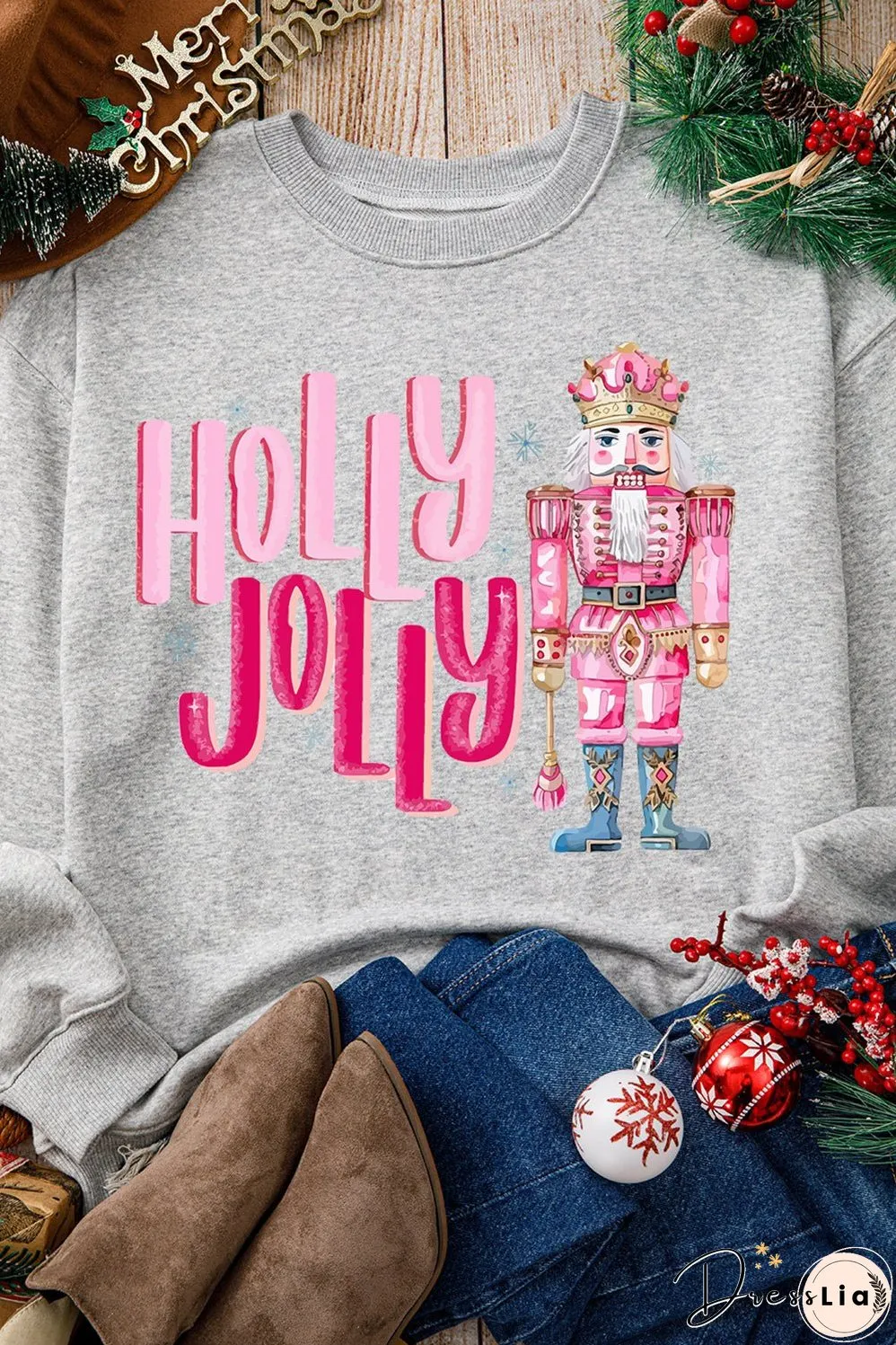 Gray HOLLY JOLLY Nutcracker Print Crew Neck Christmas Sweatshirt