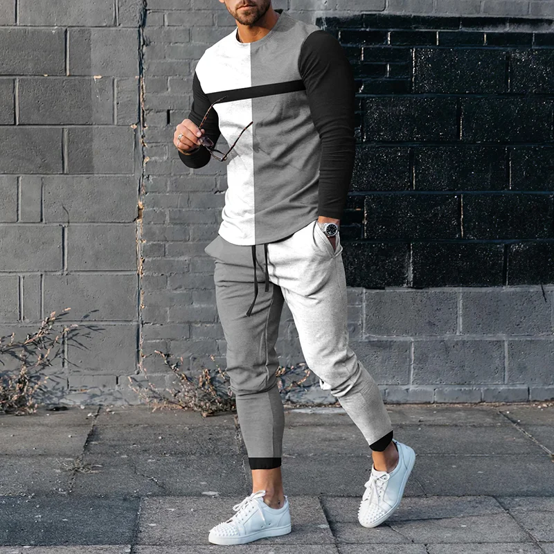 Men's  Asymmetric Color Blocking Casual Long Sleeved T-Shirt And Pants
