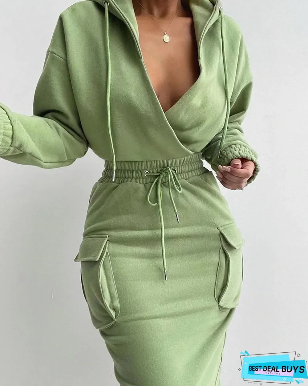 Flap Detail Drawstring Waist Hooded Sweatshirt Dress