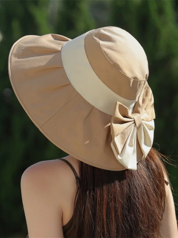 Bowknot Contrast Color Pleated Split-Joint Sun Hat Fisherman Hat