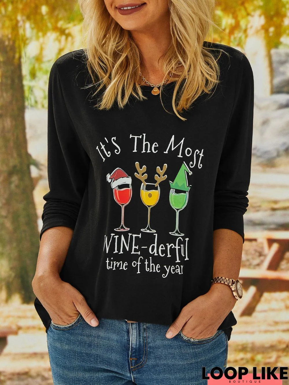 Christmas Xmas Long Sleeve Round Neck Printed Top T-shirt