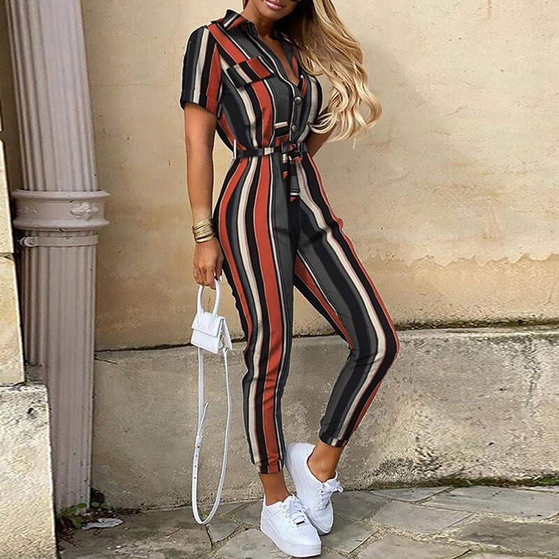 2021 Rompers Fashion Jumpsuits Women Turn Down Collar Short Sleeve Print Jumpsuit For Women Elegant Work Overalls