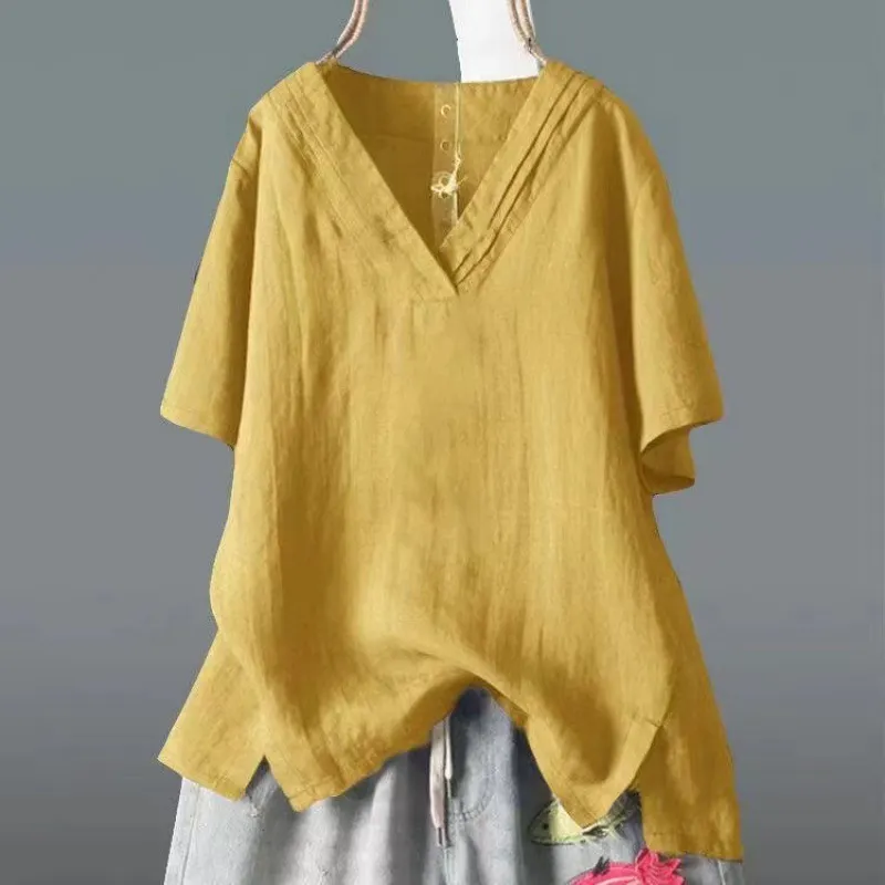 Brownm Brownm Summer New Solid Color Buffet Short-Sleeved V-Neck T-Shirt Women Irregular Large Cotton Loose Leisure Top