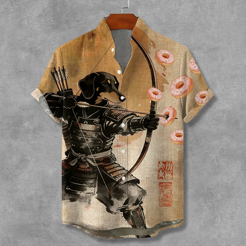 Men's Dachshund Samurai Japanese Kyudo Art Print Short Sleeve Shirt elevenforest