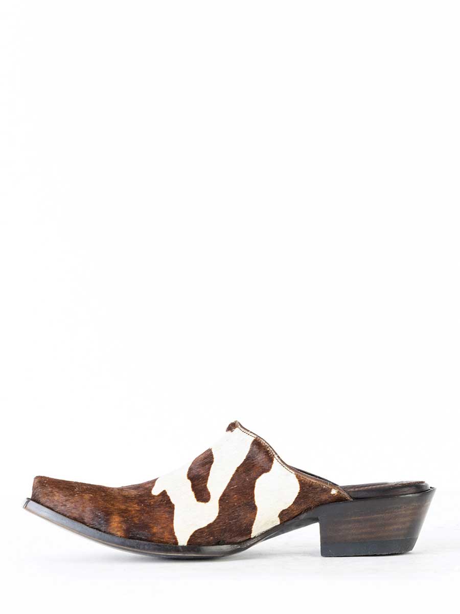 Vintage Brown & White Cow Print Snip Toe Chunky Heel Western Mules