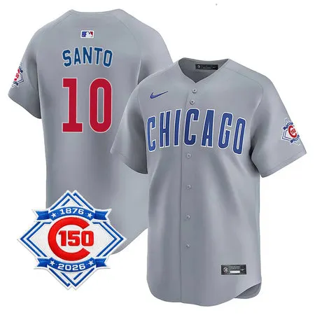 Youth Chicago Cubs #10 Ron Santo Grey Nike Road Vapor Limited 150th Anniversary Authentic Lettering Jersey