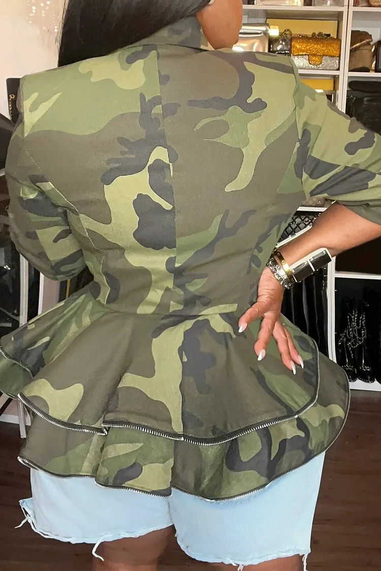 Plus Size Business Casual Army Green Camo Lapel Collar Short Sleeve Ruffle Casual Jacket