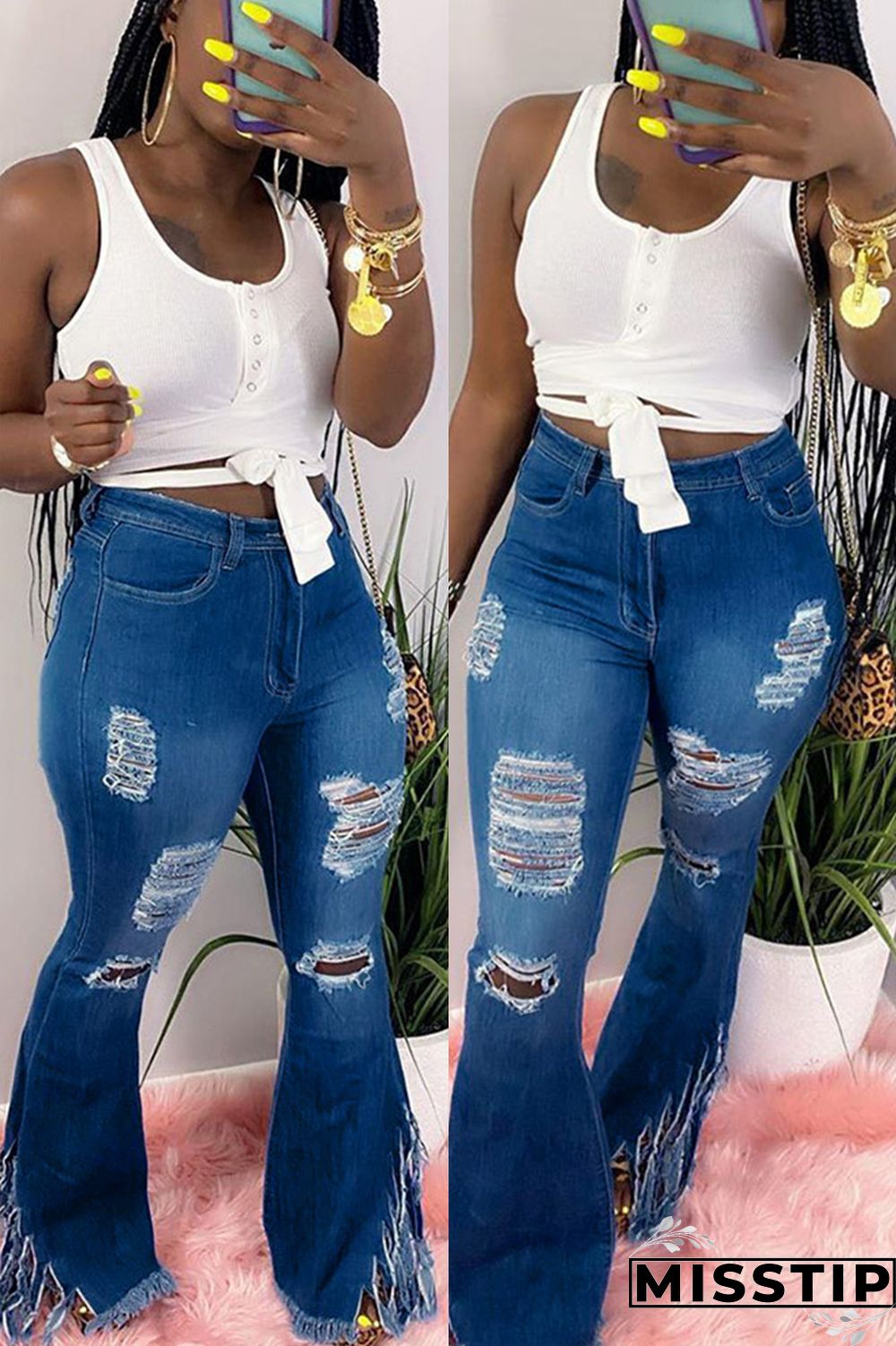 Dark Blue Denim Zipper Fly Mid Solid Tassel Hole Boot Cut Pants Bottoms