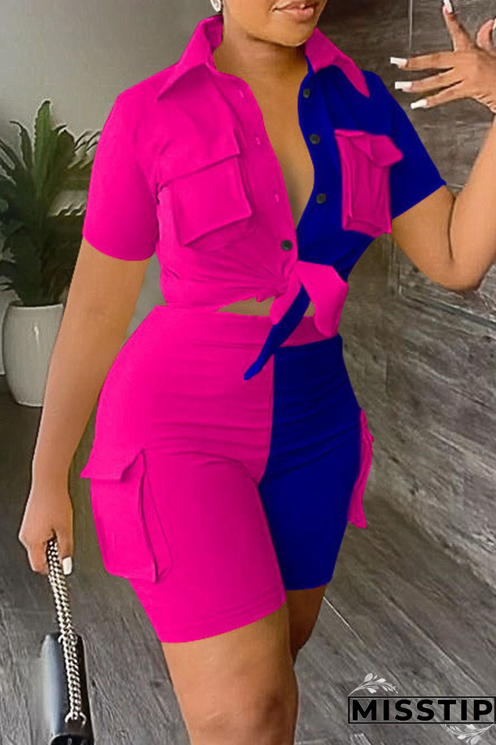 Blue Casual Patchwork Contrast Shirt Collar Short Sleeve Two Pieces