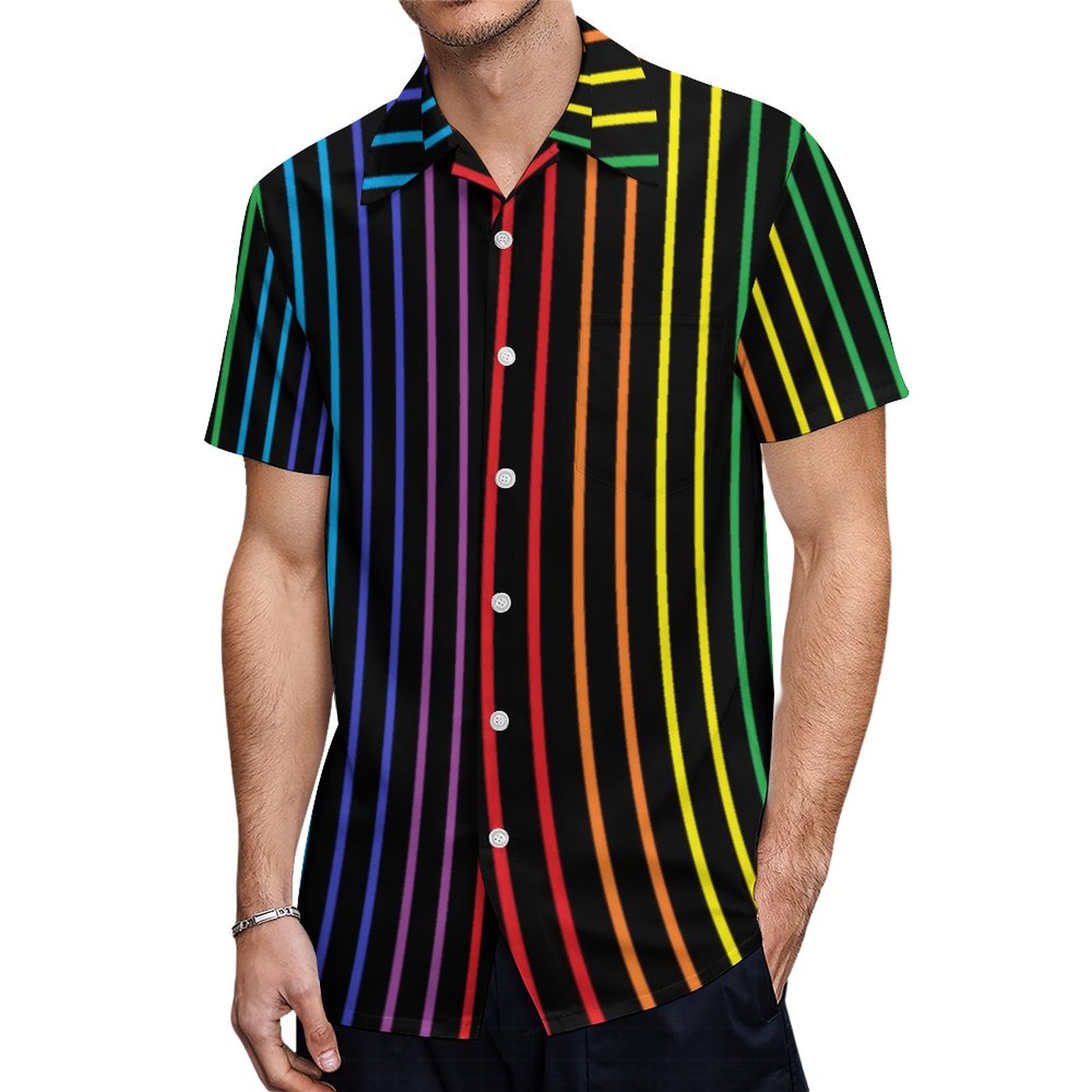 Vertical Outlined Rainbow Stripes Black Hawaiian Shirt Mens Button Down Plus Size Tropical Hawaii Beach Shirts