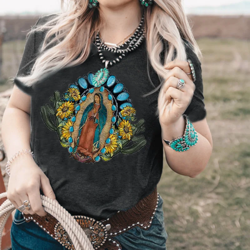 Turquoise Sunflower Sister Printed Women's T-shirt