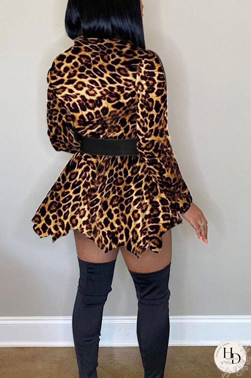 Black Fashion Leopard Camouflage Print Split Joint POLO collar Asymmetrical Dresses