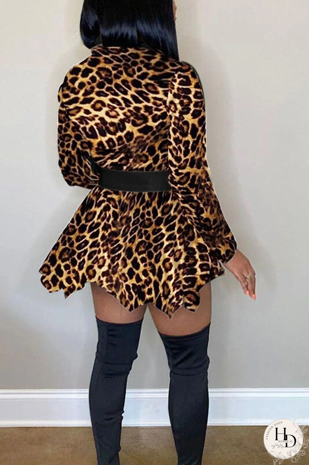 Black Fashion Leopard Camouflage Print Split Joint POLO collar Asymmetrical Dresses