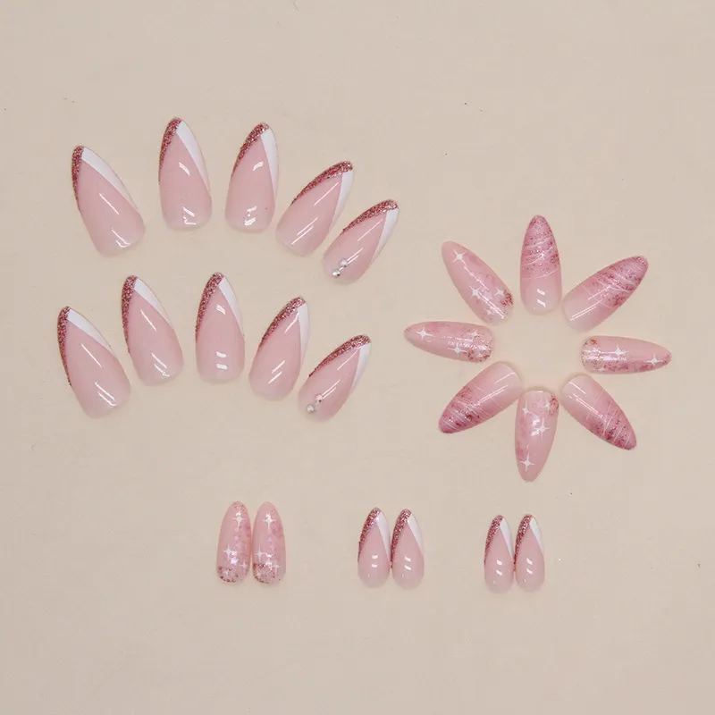 Churchf Churchf Double Spell Flash Powder French Nail White Star Lovely Pink Tender Diamond Fake Nail Wear Nail Finished Product