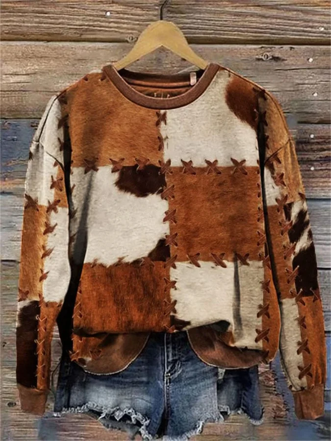 Women's Retro Cowhide Patchwork Art Print Long Sleeve Sweatshirt