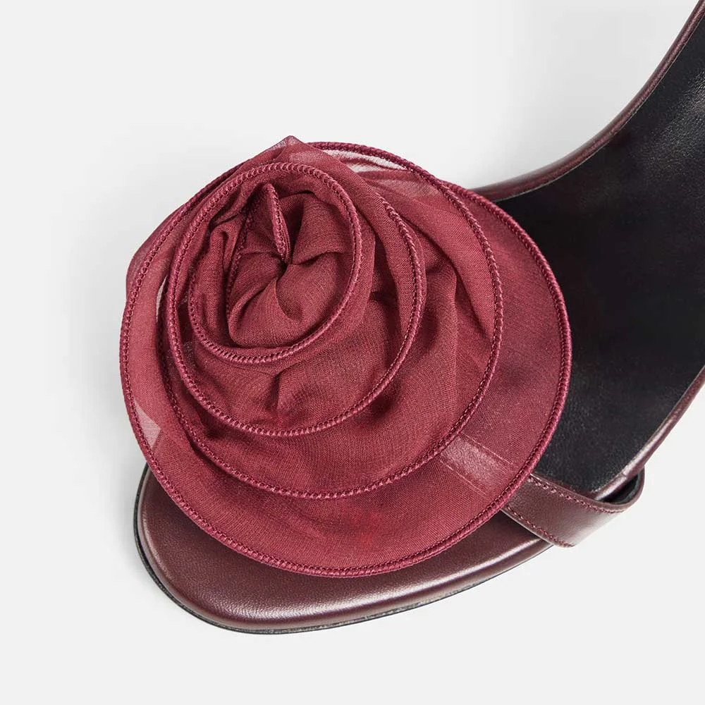 Sexy Maroon Open-Toe Flower Decor Lace-Up Women's Heel Sandals