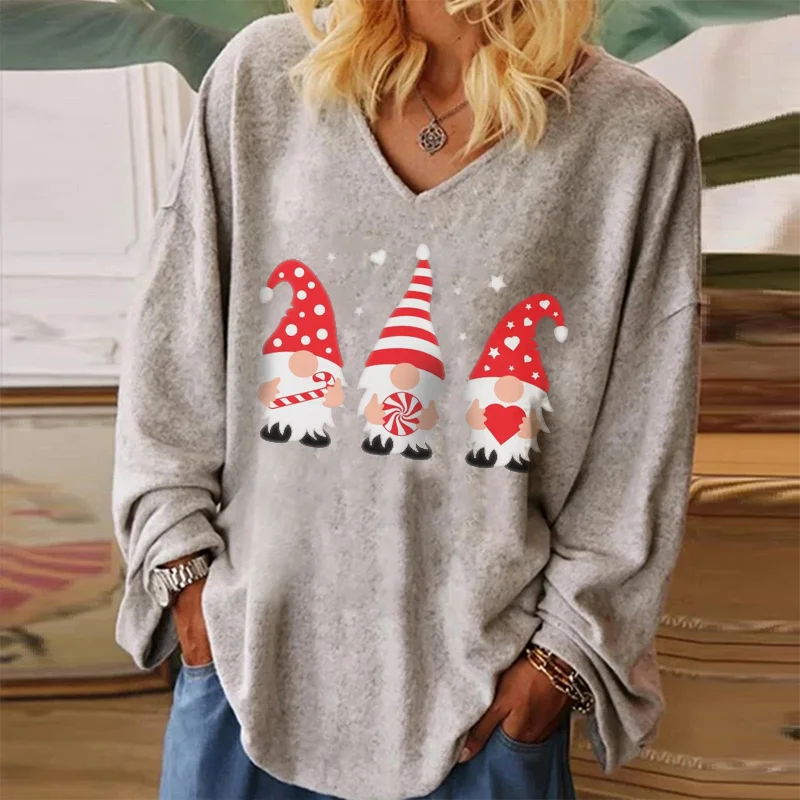 Little Santa Claus Printed Casual V-neck Loose T-shirt