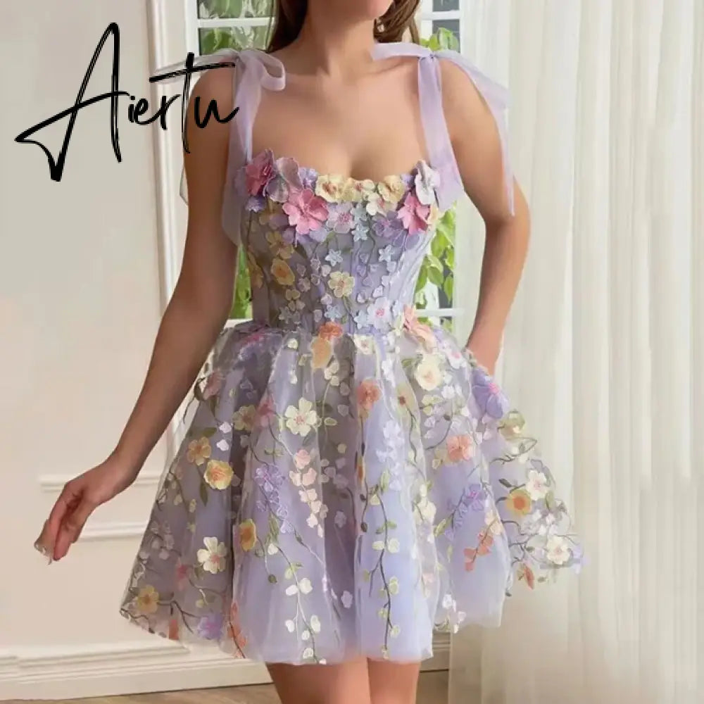 Aiertu New Fashion 2024 for Women Dresses Summer Casual Simple Sleeveless Mid Waist 3D Floral Embroidery Design Sexy Suspender Dress Aiertu