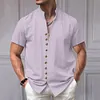Camicia da uomo a maniche corte in cotone e lino con collo alto e bottoni