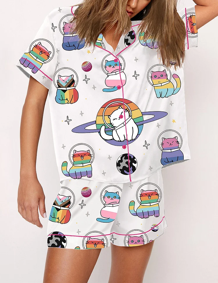 Women's Purride Cats In Space Rainbow Cats LGBT Cats LGBTQ Pride Month Rainbow Print Pajama Set