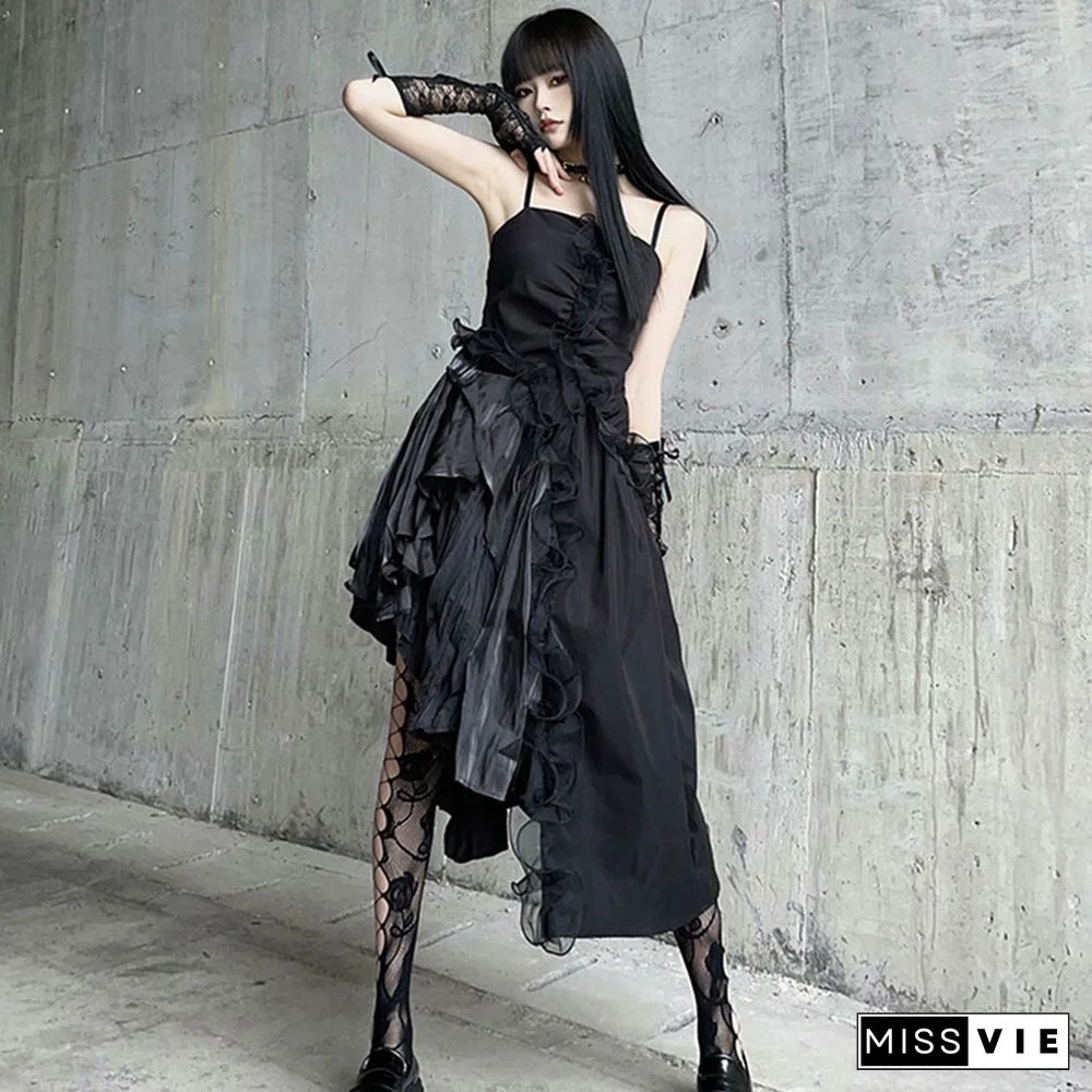 Irregular Lace Slip Dress Black