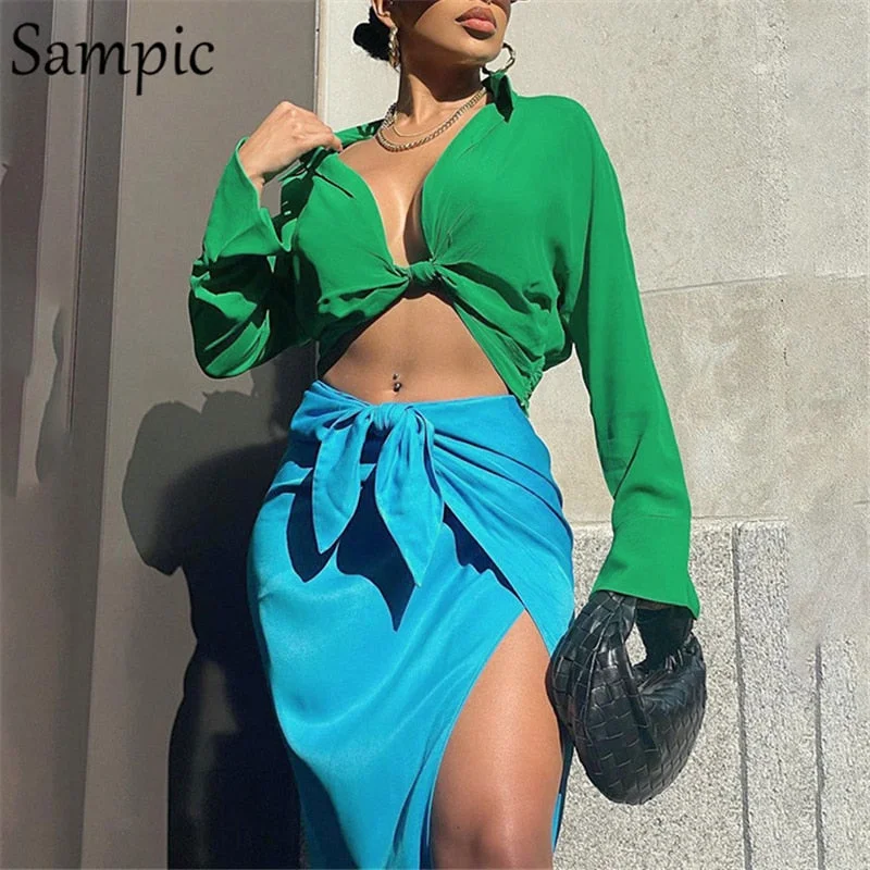 Sampic Split Skirt Set Green Y2K Sexy Dress 2021 Autumn Suit Long Sleeve V Neck Shirt Tops And Midi Bandage Skirt Two Piece Set