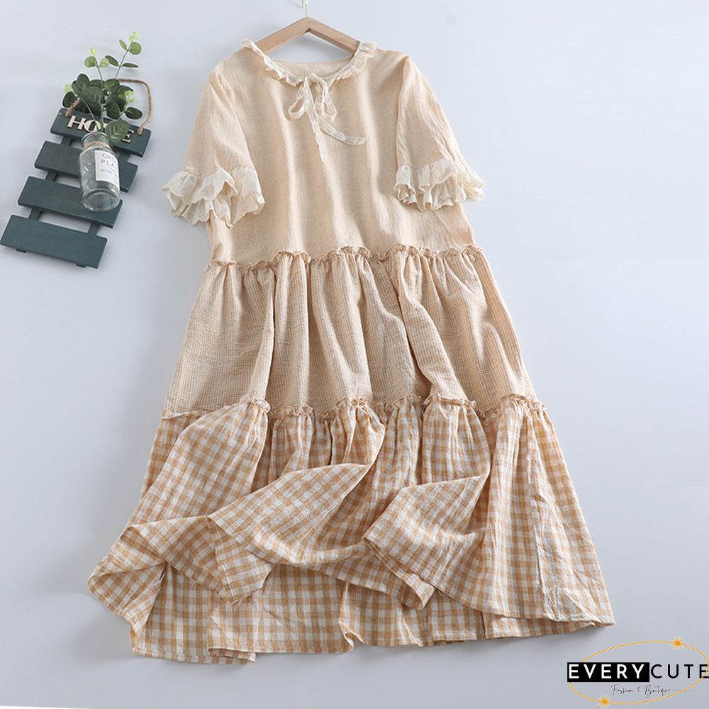 Casual Cotton-Blend Crew Neck Weaving Dress