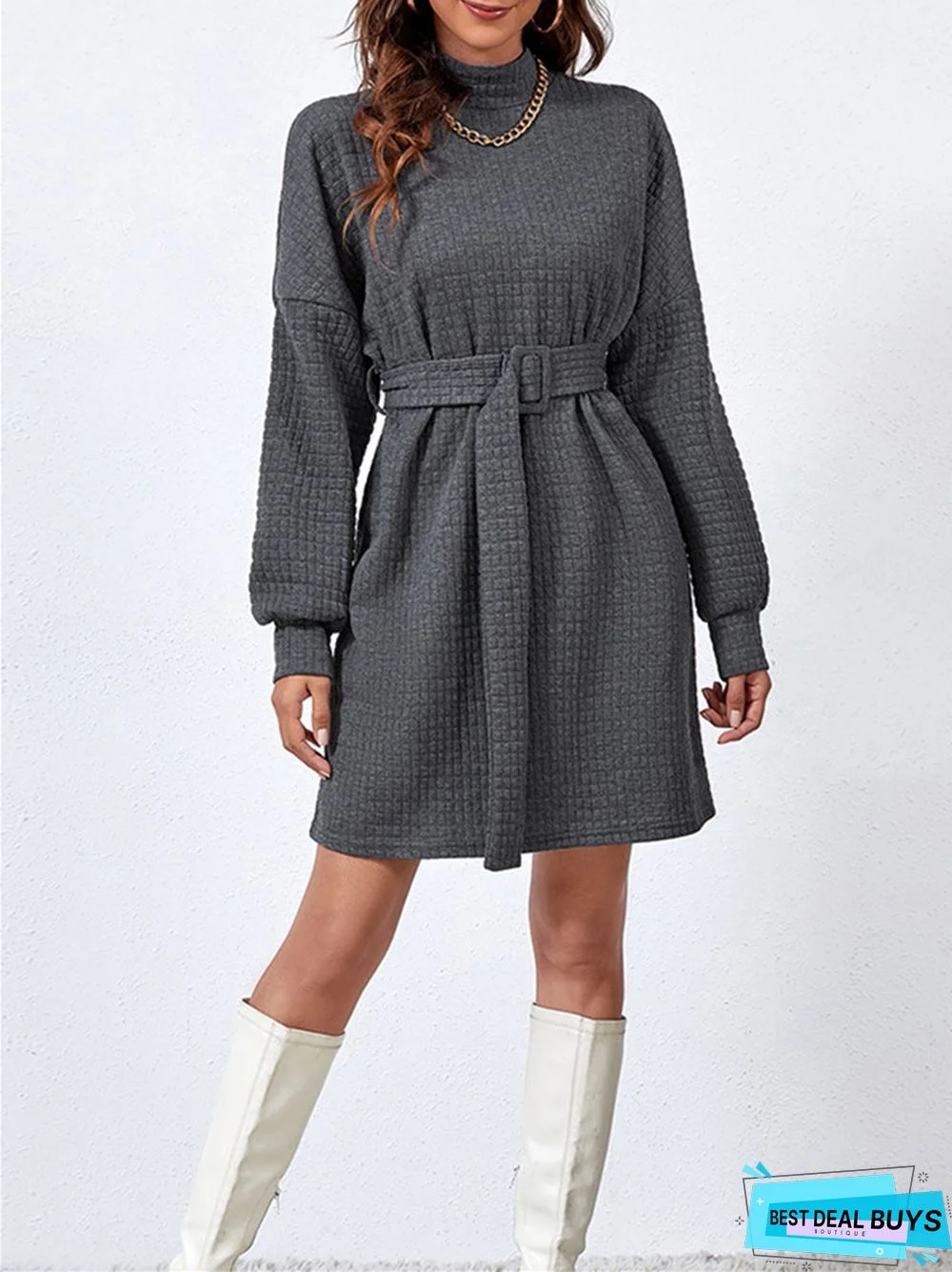 Temperament Commute Solid Color Long Sleeve Dress