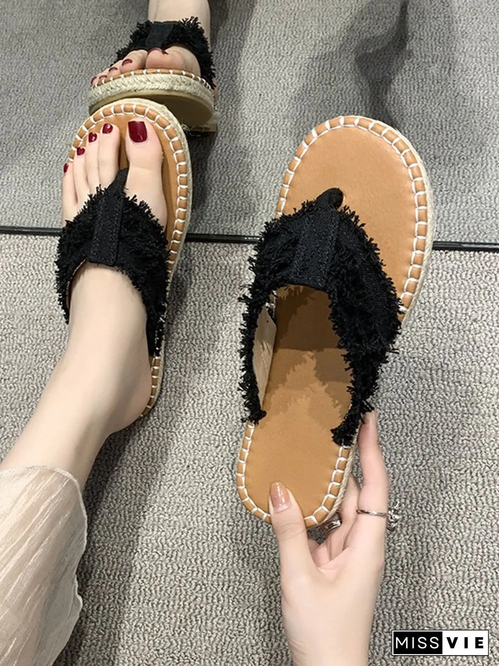 Distressed Denim Fringe Straw Bottom Flip Flops